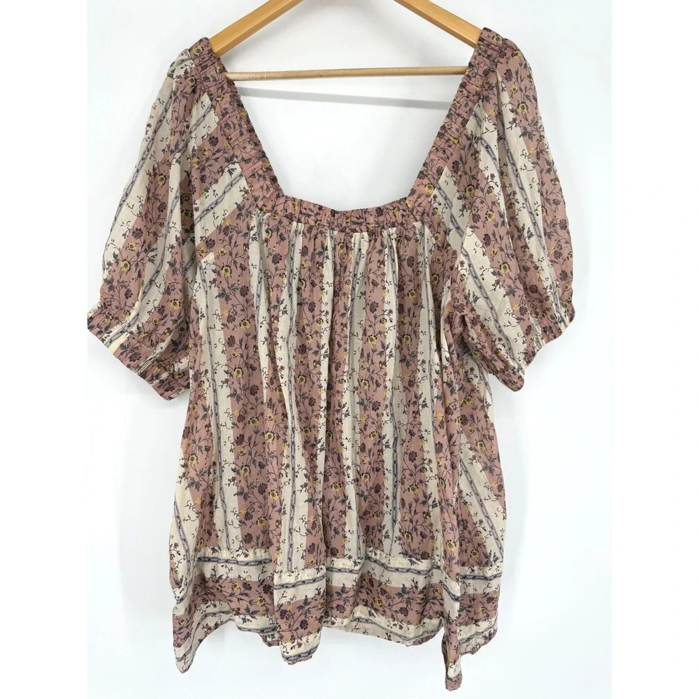 Free People Vintage Lover Floral Striped Puff Cotton Blouse L Cottagecore Boho